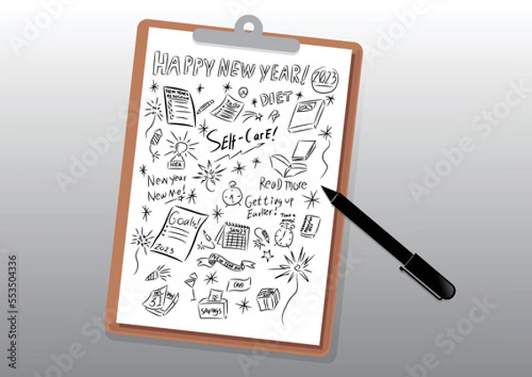 Fototapeta Happy new year 2023 illustration, resolutions doodles in portable writing board, clipboard and pen