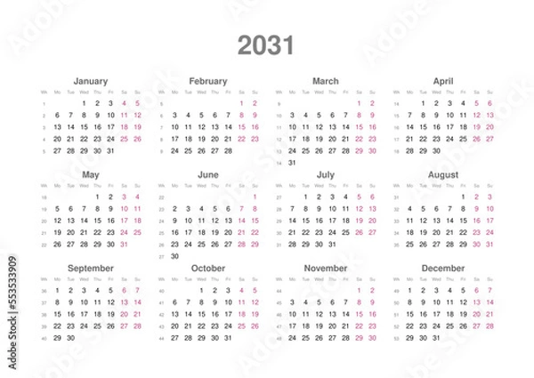 Obraz Kalender 2031, englisch, Querformat