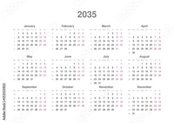 Obraz Kalender 2035, englisch, Querformat