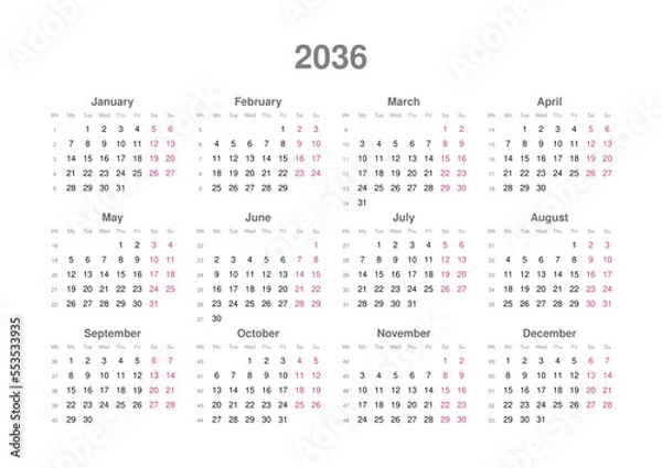 Fototapeta Kalender 2036, englisch, Querformat