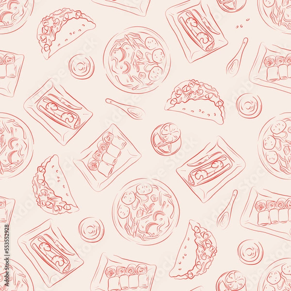 Obraz Seamless pattern with hand drawn asian food