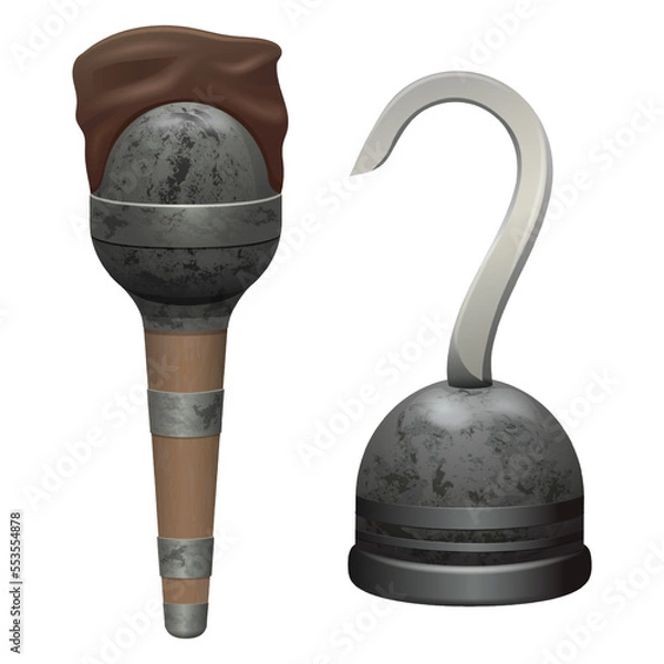 Fototapeta An old pirate leg crutch and a prosthesis hook, an old prosthesis made of wood, metal and leather elements of a carnival, theatrical costume
