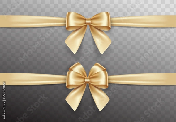 Fototapeta Set of satin decorative golden bows with horizontal yellow ribbon isolated on white background. Vector gold bow and gold ribbon