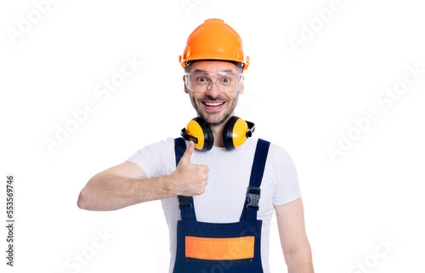 Fototapeta occupation of worker man show thumb up isolated on white background.