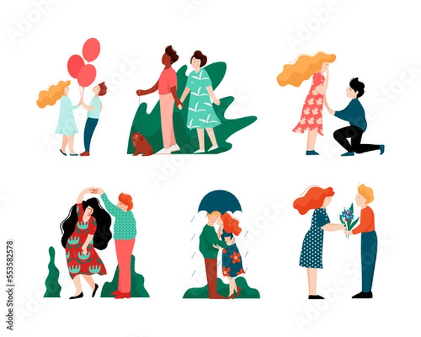 Fototapeta Happy Romantic Couple Walking Under Umbrella, Holding Hands, Dancing and Making Proposal Vector Set