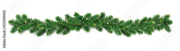 Fototapeta Christmas tree garland isolated on white. Realistic pine tree branches with golden confetti decoration.