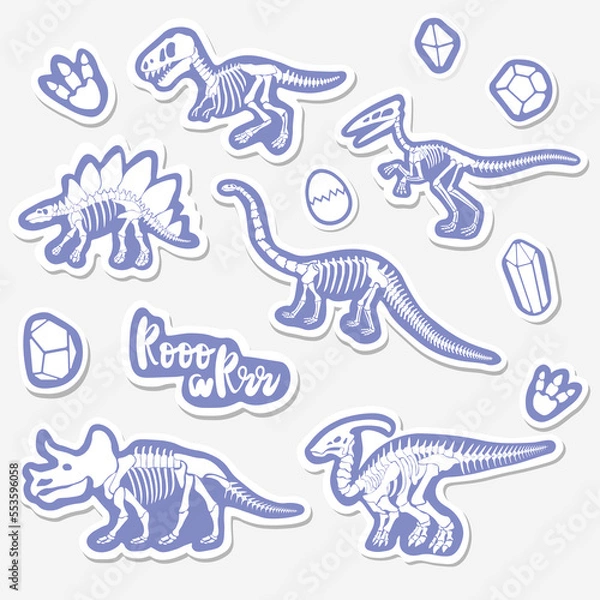 Obraz Vector sticker set with dinosaur skeleton isolated on a white background.