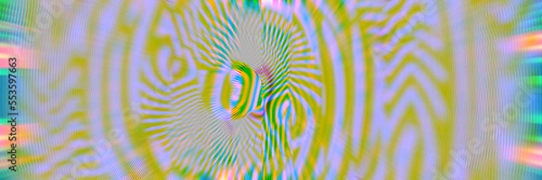 Fototapeta Vivid yellow blue error illustration in striped spiral twist shapes, psychedelic disco shapes tech. Synth vapor wave summer cyberpunk style. Retro futurism, rave DJ techno in reflection disco shape	
