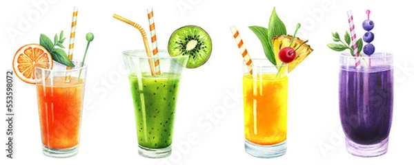 Obraz Set of kiwi, pineapple, orange and blueberry cocktails with slice of fruits. Isolated on background. Hand drawn watercolor illustration