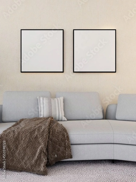 Fototapeta Living room with two mockups of square frames on a beige wall and interior decoration. 3d rendering, interior design, 3d illustration