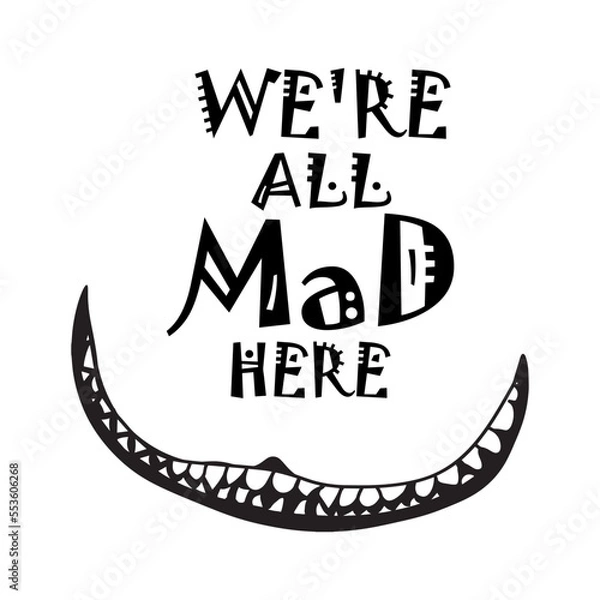 Fototapeta Cheshire cat smile, grin with teeth black silhouette with text. Vector drawing on a transparent background.

