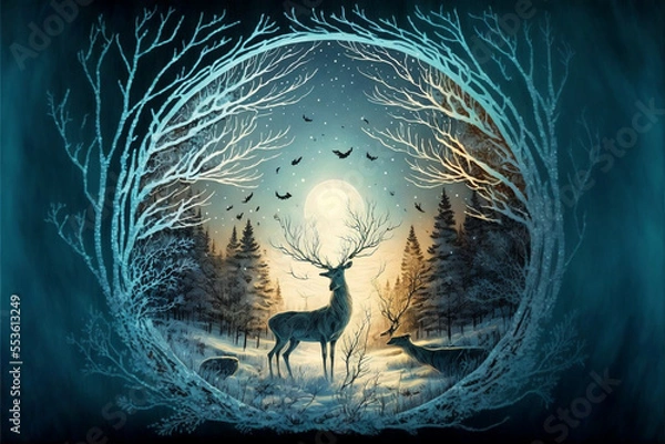 Fototapeta Winter Soltice Greeting Card with a giant buck in the foreground surrounded by a wreath made of branches and the moon and a pine forest in the background generative ai