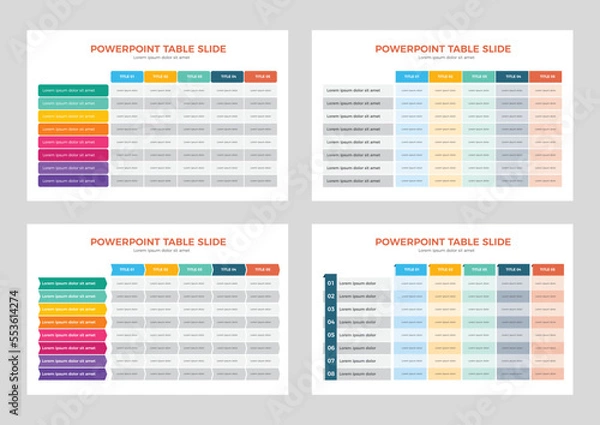 Fototapeta PowerPoint Table Layout, 4 Different Table Format, PowerPoint Table Vector, Creative Table Layout