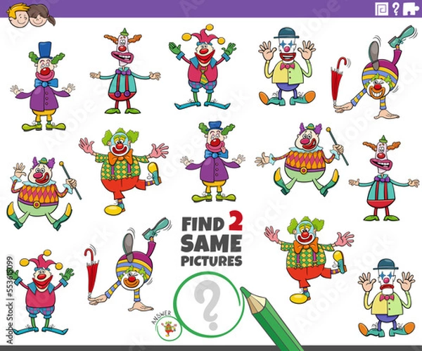 Fototapeta find two same cartoon clown characters educational task