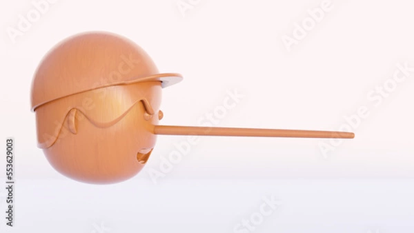 Fototapeta Illustration of wooden long nose pinocchio head doll isolated on white background with clipping path. 3D rendering.