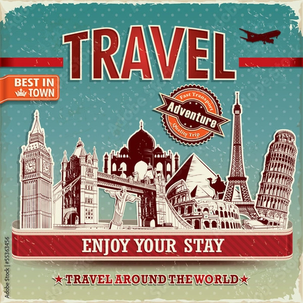 Obraz Plakat podróżniczy w stylu vintage z etykietami i słynnym budynkiem