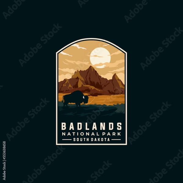 Obraz Badlands national park vector template. South Dakota landmark illustration in patch emblem style.