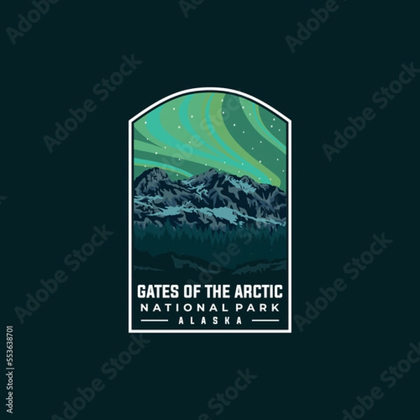 Fototapeta Gates of Arctic national park vector template. Alaska landmark illustration in patch emblem style.