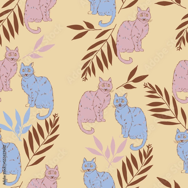 Obraz Beige background with multi-colored cats seamless
