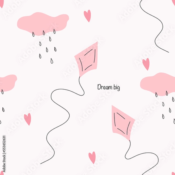 Fototapeta Simple seamless pattern with kites and clouds, vector illustration.