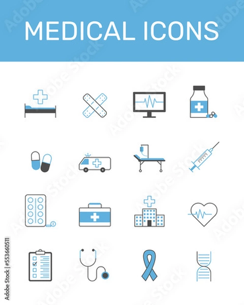 Obraz Medicine and health symbols - minimal set of thin line web icons done in black and blue colors. vector illustration.