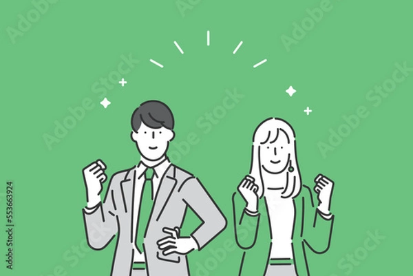 Fototapeta ポジティブな表情でガッツポーズをとる男女のビジネスパーソンのイラスト素材