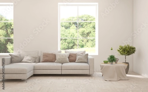 Fototapeta Minimalist living room in white color with sofa and summer landscape in window. Scandinavian interior design. 3D illustration