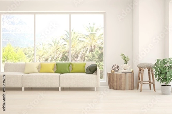 Fototapeta White living room with sofa and summer landscape in window. Scandinavian interior design. 3D illustration