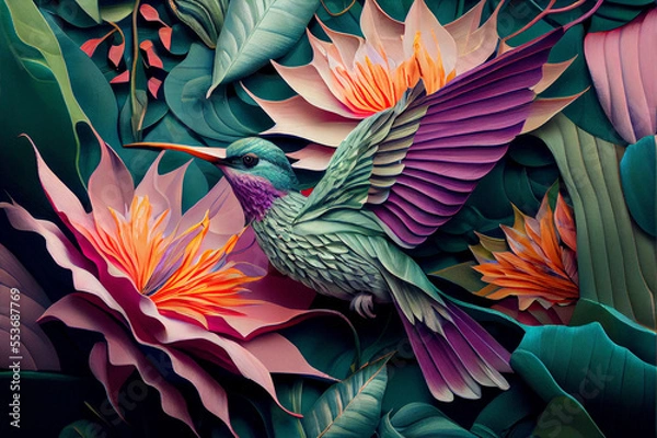 Fototapeta Abstract composition of various surreal tropical plants, flowers and birds.	