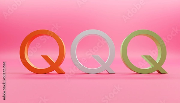 Fototapeta Pink studio background with three dimensional letter Q in three colors.