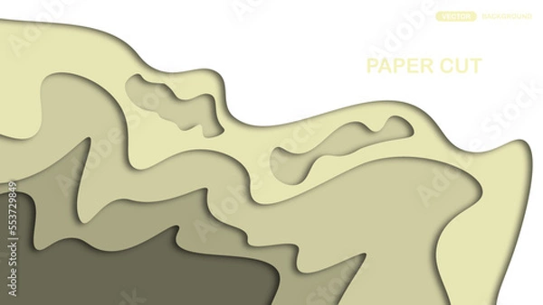 Fototapeta Paper cut background with wavy layers in yellow. Abstract design for brochure, flyer, magazine, business card, branding, banner, header, book cover, notebook vector background