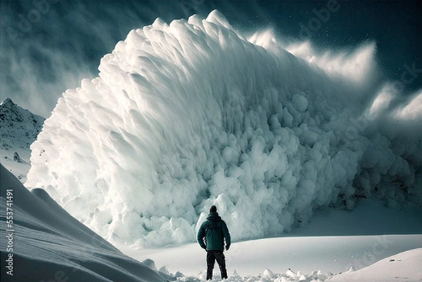 Fototapeta human facing a snow avalanche generative ai