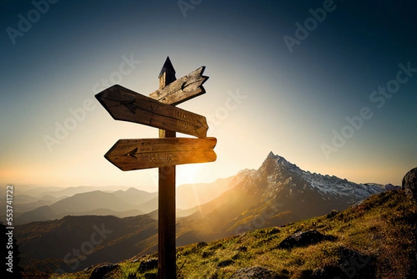 Fototapeta wooden signpost in the mountain