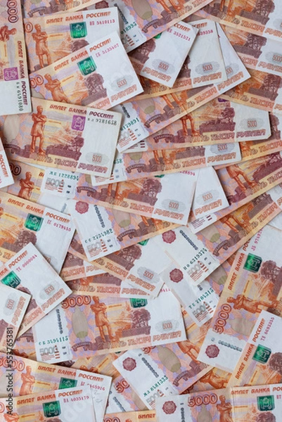 Obraz Money background. Banknotes of Russian rubles. Russian money with a face value of five thousand rubles. The concept of Finance. Cash loan. Top view, flat lay.