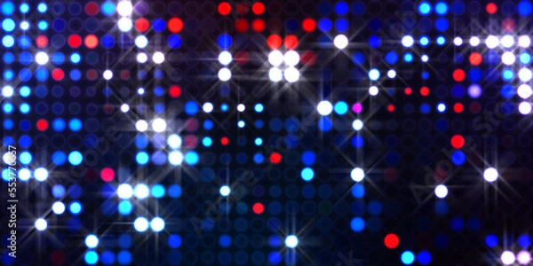 Fototapeta Glowing pattern wallpaper. Glamour background of colorful lights with spotlights. Shining lights party leds on black background. Digital illustration of stage or stadium spotlights.