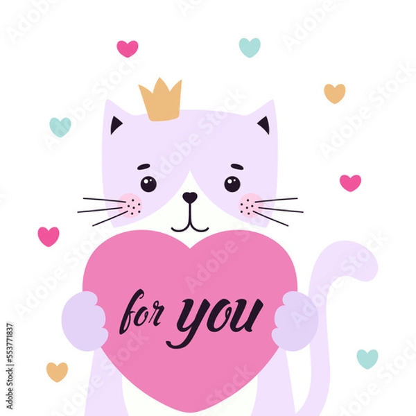 Fototapeta cartoon greeting card of cute cat with heart