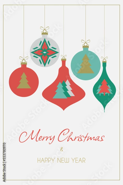 Obraz Christmas card with Christmas decorations in a minimalist style with seasonal wishes in a modern style. Template for postcards, invitations, congratulations, web, social networks, print..