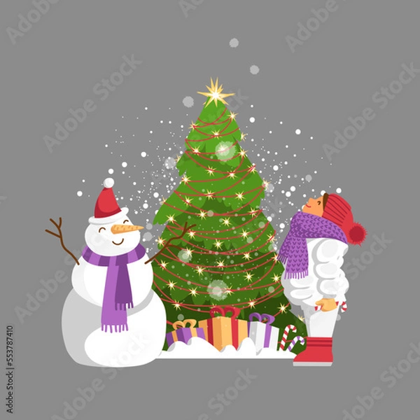 Fototapeta christmas tree. a child in warm clothes. Christmas Eve. vector illustration of a baby and a snowman near a Christmas tree