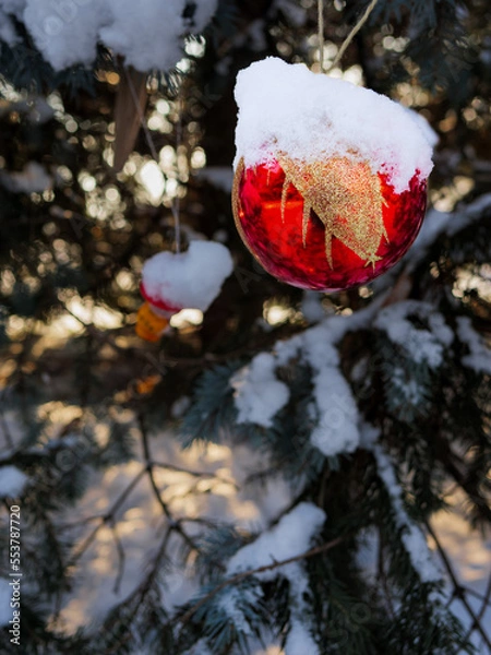 Fototapeta red ball on a Christmas tree covered with snow. the toys on the Christmas tree are covered with snow. winter holiday decorations on the Christmas tree. red ball with orange pattern covered with snow.