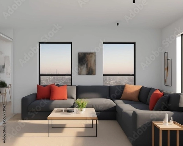 Fototapeta Interior of living room with white  wall and big windows in the background of  grey sofa standing near square coffee table 3d rendering