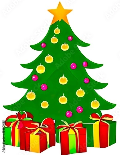 Obraz Christmas tree with gifts. Cartoon art. Generative AI 