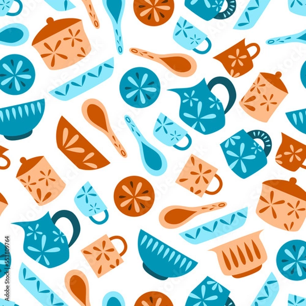 Fototapeta Seamless pattern with bright kitchenware. Vector illustration.