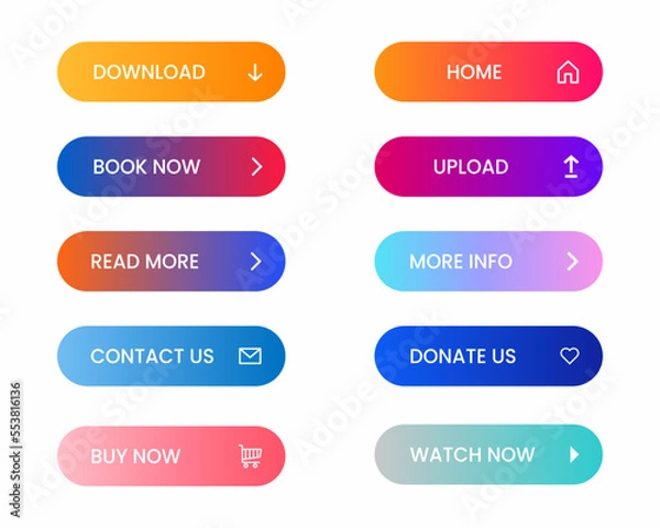 Obraz Gradient color web buttons pack for different uses, flat colorful buttons for different uses vector illustration.