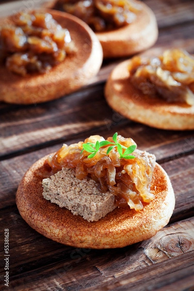 Obraz Canapes with liver pate and onion confit, selective focus
