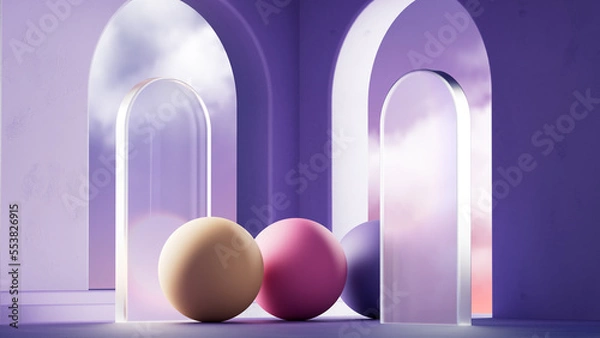Fototapeta Abstract interior design architecture colorful room with glasses spheres and clouds