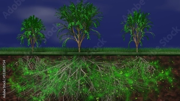 Obraz Mycelium network, fungal root system underground. Trees above ground, root system below. Common mycorrhizal network in earth. Mother tree links to children. 3d render illustration