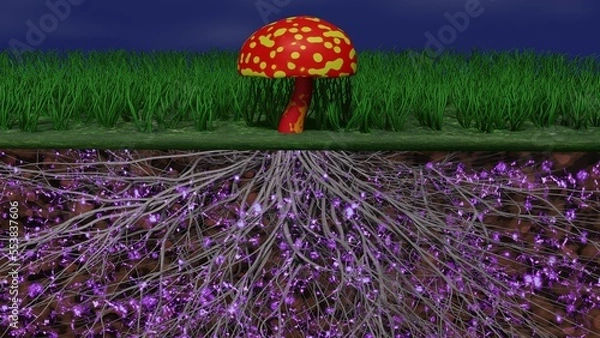 Obraz Mycelium network, fungal root system underground. Mushrooms above ground, root system below.
Common mycorrhizal network transfer of information, nutrients and signals in earth. 3d render illustration