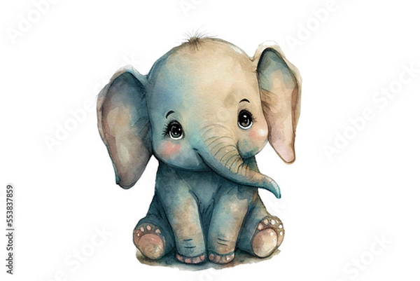 Fototapeta Cute watercolor illustration of a little elephant. Sitting baby elephant on white background. Generative AI