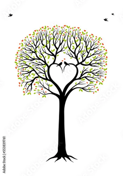 Fototapeta Wedding tree with heart shaped branches, green leaves and love birds, illustration over a transparent background, PNG image