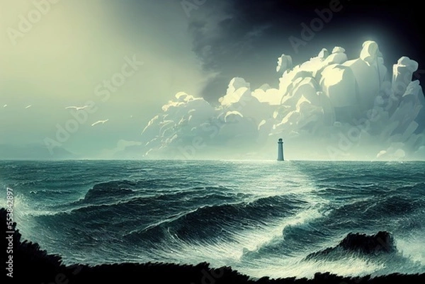 Obraz Lighthouse on sea far far away. Generative AI